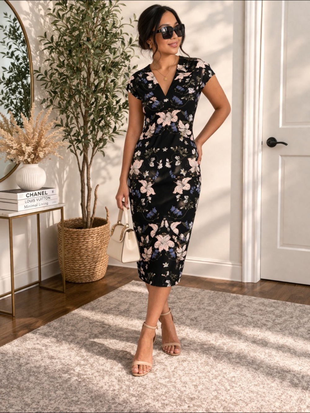 New York & Company Black Floral V-Neck Dress with Blush & Blue Blooms